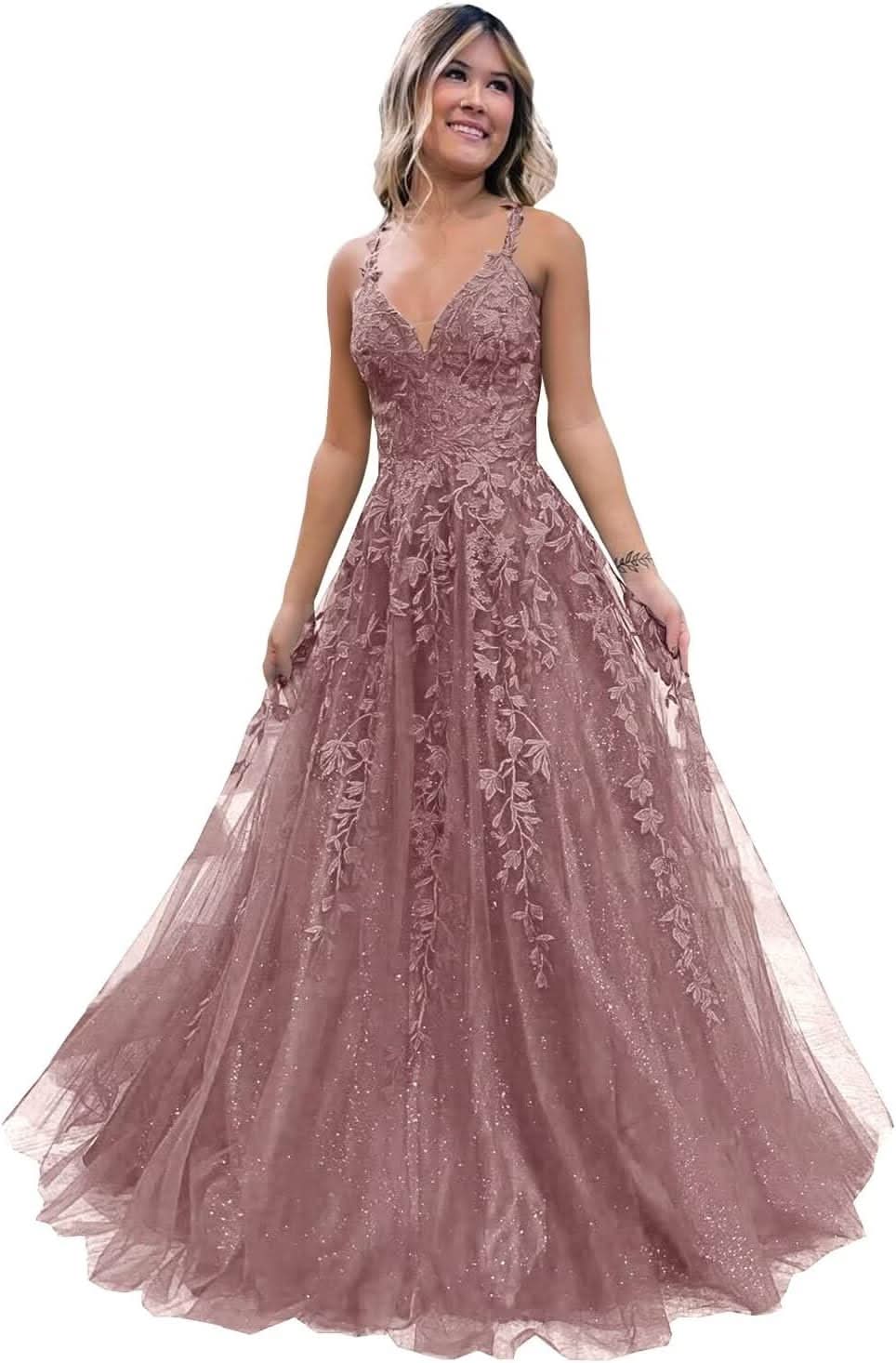 Tulle Lace Appliques Sparkly Prom Dresses A Line with Slit V Neck Formal Party Dress Bmbride