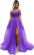 Off The Shoulder Tulle Prom Dresses with Slit Laces Applique Sweetheart Long Formal Evening Party Gowns Bmbride