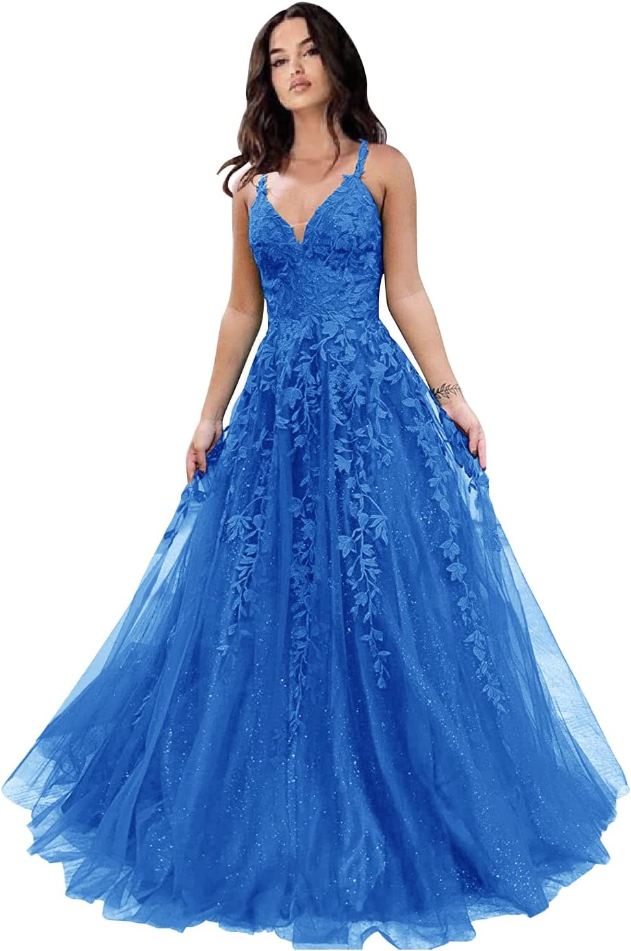 Tulle Prom Dresses for Women 2025 Sparkly Lace Appliques Long Ball Gowns Spaghetti Straps A-Line Evening Gowns