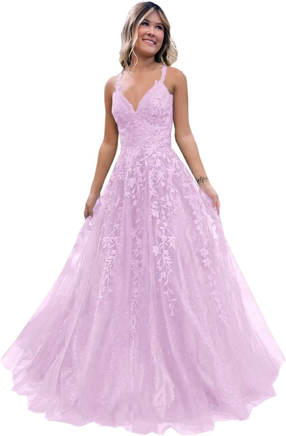 Tulle Lace Appliques Sparkly Prom Dresses A Line with Slit V Neck Formal Party Dress Bmbride