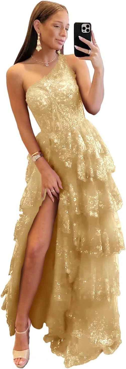 Cudiew One Shoulder Lace Tulle Tiered Prom Dress Sparkly Sequined Applique Long Maxi Formal Evening Party Gowns 2025