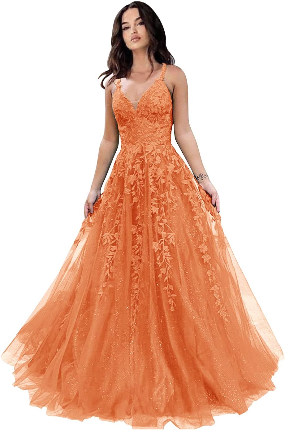 Tulle Prom Dresses for Women 2025 Sparkly Lace Appliques Long Ball Gowns Spaghetti Straps A-Line Evening Gowns