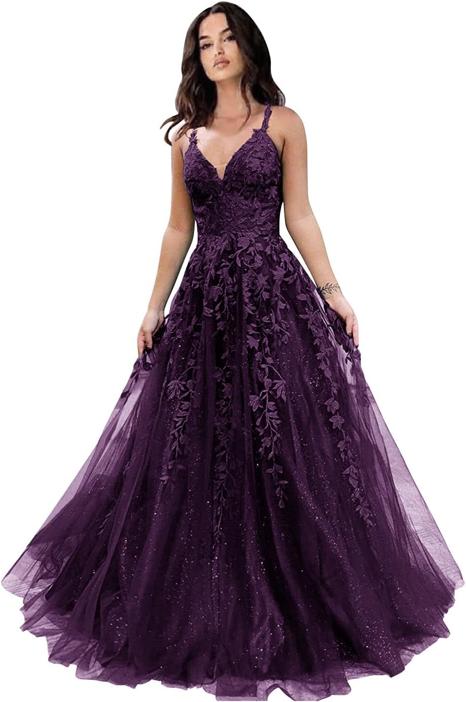 Tulle Prom Dresses for Women 2025 Sparkly Lace Appliques Long Ball Gowns Spaghetti Straps A-Line Evening Gowns