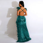 Women's Sexy Sequin Feather Prom Dresses 2025 High Slit Deep V Neck Evening Formal Masquerade Ball Gown Maxi Dress