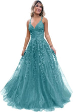 Tulle Lace Appliques Sparkly Prom Dresses A Line with Slit V Neck Formal Party Dress