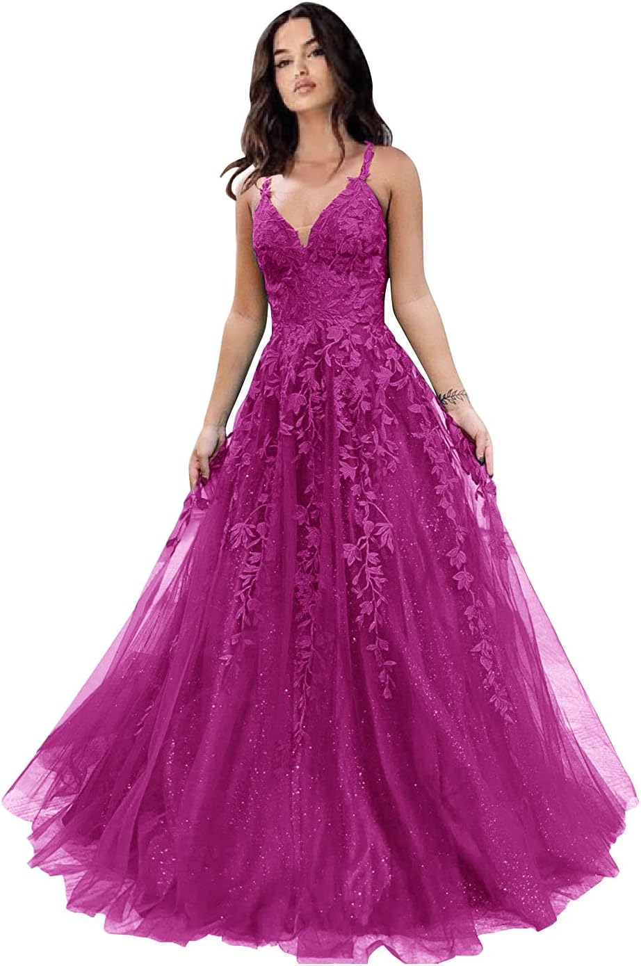 Tulle Prom Dresses for Women 2025 Sparkly Lace Appliques Long Ball Gowns Spaghetti Straps A-Line Evening Gowns