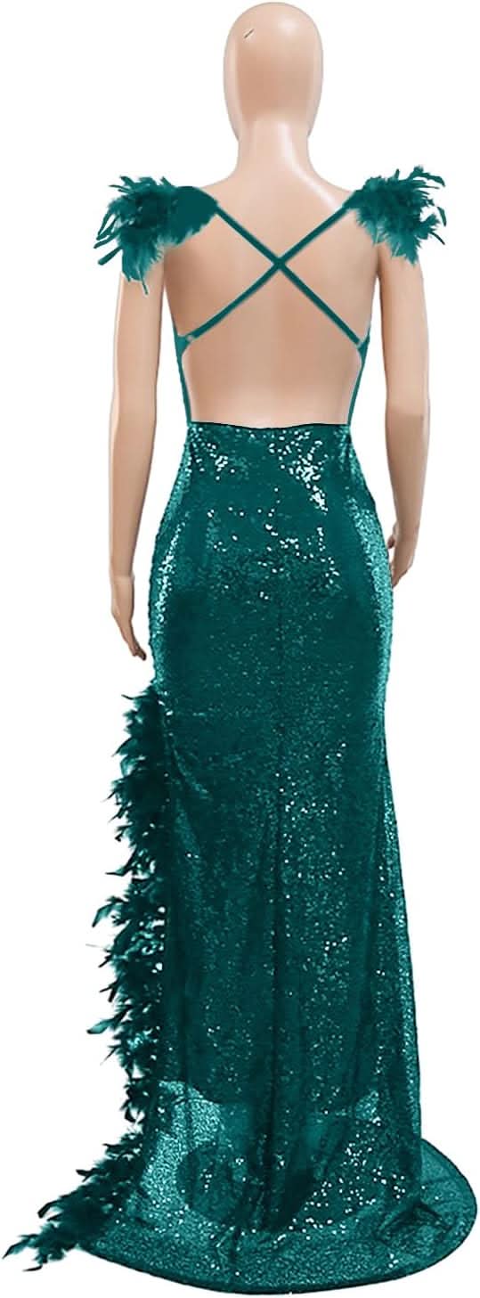 Women's Sexy Sequin Feather Prom Dresses 2025 High Slit Deep V Neck Evening Formal Masquerade Ball Gown Maxi Dress