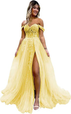 Off The Shoulder Tulle Prom Dresses with Slit Laces Applique Sweetheart Long Formal Evening Party Gowns Bmbride