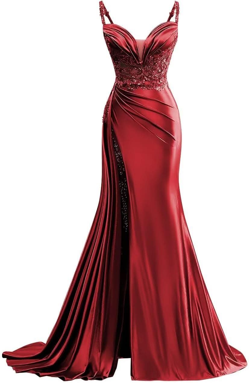 V Neck Satin Prom Dresses Long Mermaid Lace Evening Gown with Slit Pleated Bodycon Formal Dress with Tail Bmbride
