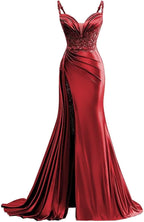 V Neck Satin Prom Dresses Long Mermaid Lace Evening Gown with Slit Pleated Bodycon Formal Dress with Tail Bmbride