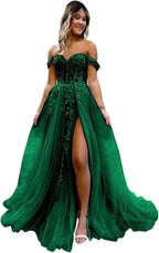 Off The Shoulder Tulle Prom Dresses with Slit Laces Applique Sweetheart Long Formal Evening Party Gowns Bmbride