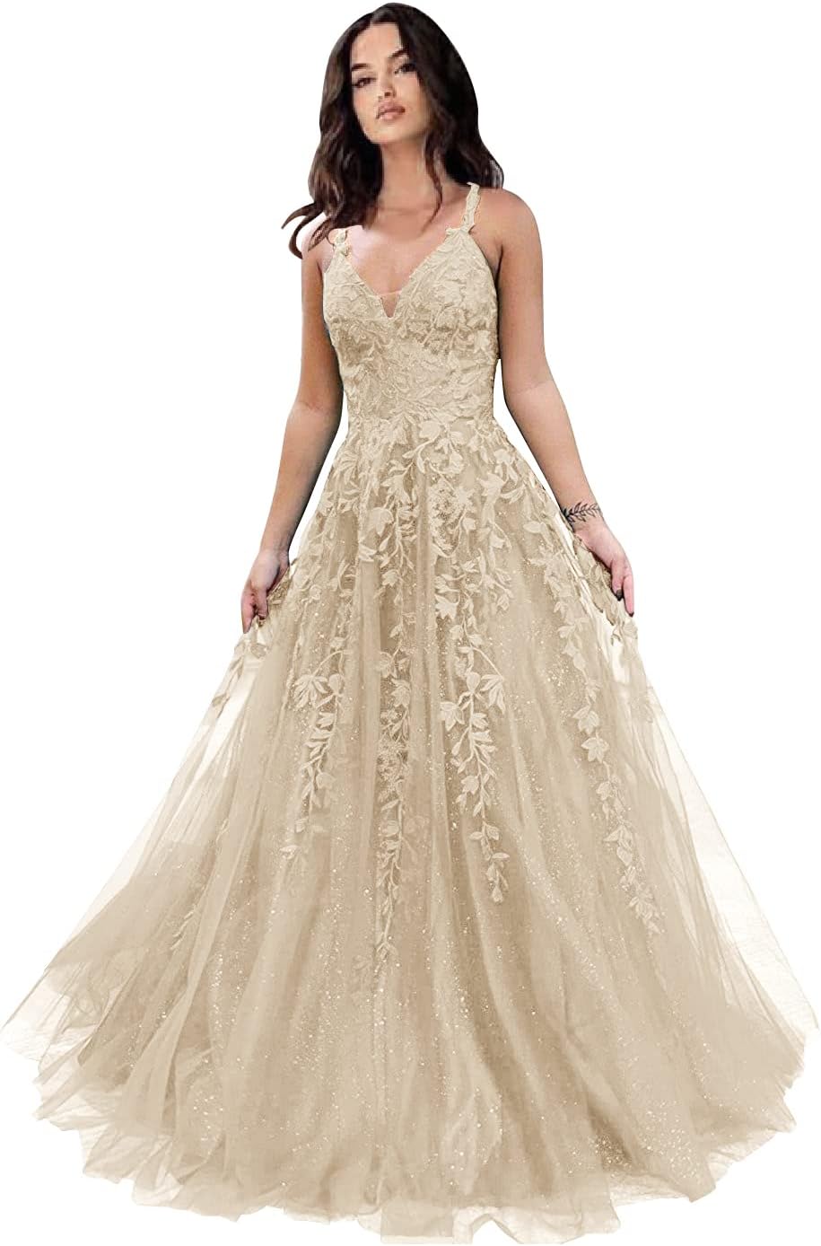 Tulle Prom Dresses for Women 2025 Sparkly Lace Appliques Long Ball Gowns Spaghetti Straps A-Line Evening Gowns