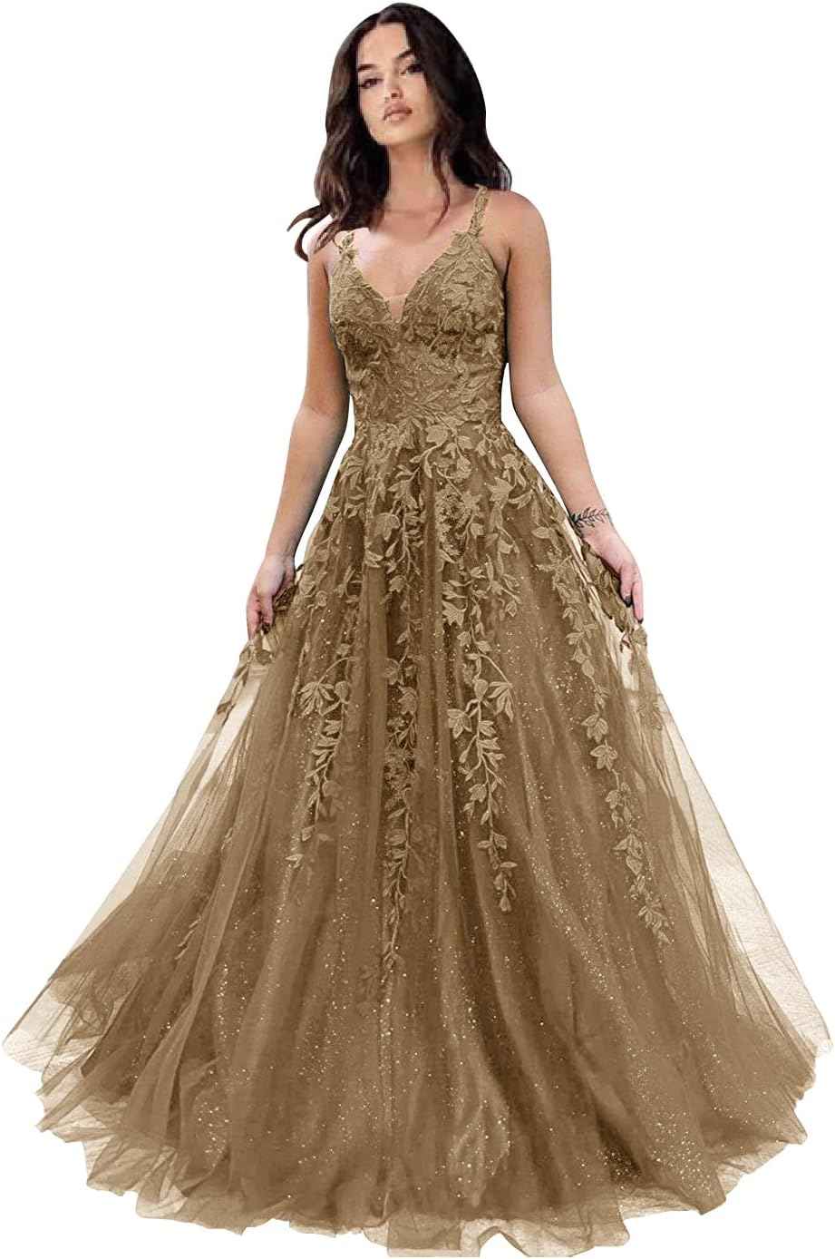 Tulle Prom Dresses for Women 2025 Sparkly Lace Appliques Long Ball Gowns Spaghetti Straps A-Line Evening Gowns