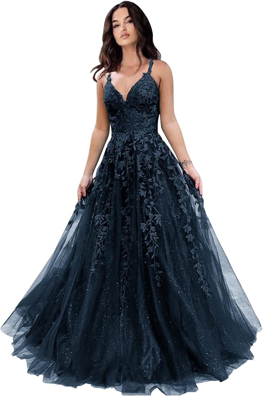 Tulle Prom Dresses for Women 2025 Sparkly Lace Appliques Long Ball Gowns Spaghetti Straps A-Line Evening Gowns