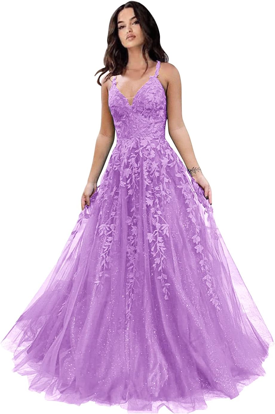 Tulle Prom Dresses for Women 2025 Sparkly Lace Appliques Long Ball Gowns Spaghetti Straps A-Line Evening Gowns