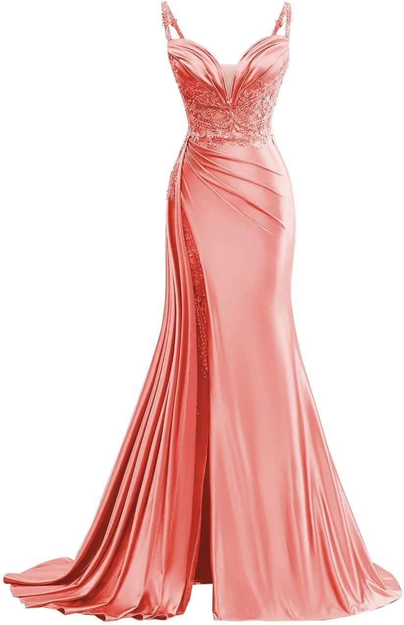 V Neck Satin Prom Dresses Long Mermaid Lace Evening Gown with Slit Pleated Bodycon Formal Dress with Tail Bmbride