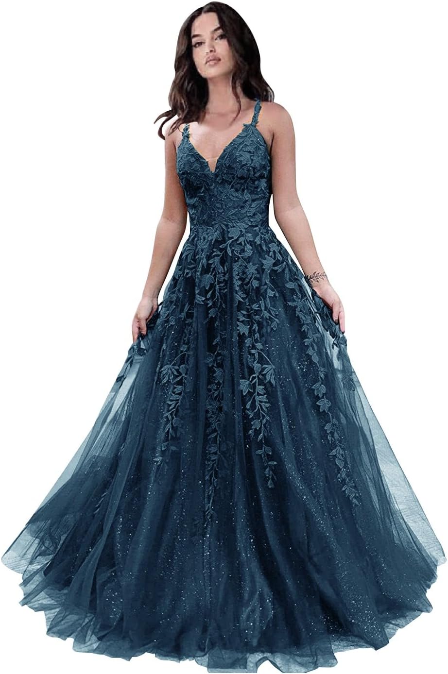 Tulle Prom Dresses for Women 2025 Sparkly Lace Appliques Long Ball Gowns Spaghetti Straps A-Line Evening Gowns