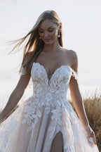 Loyeloy Women's Wedding Dresses for Bride 2025 Sexy V Neck Slit Lace Bridal Wedding Gowns for Bride YJ010