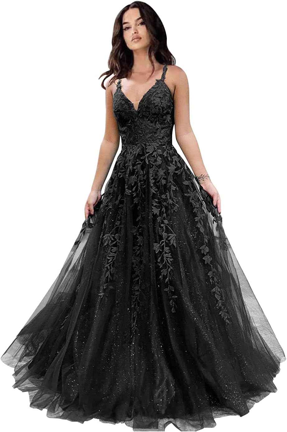 Tulle Prom Dresses for Women 2025 Sparkly Lace Appliques Long Ball Gowns Spaghetti Straps A-Line Evening Gowns