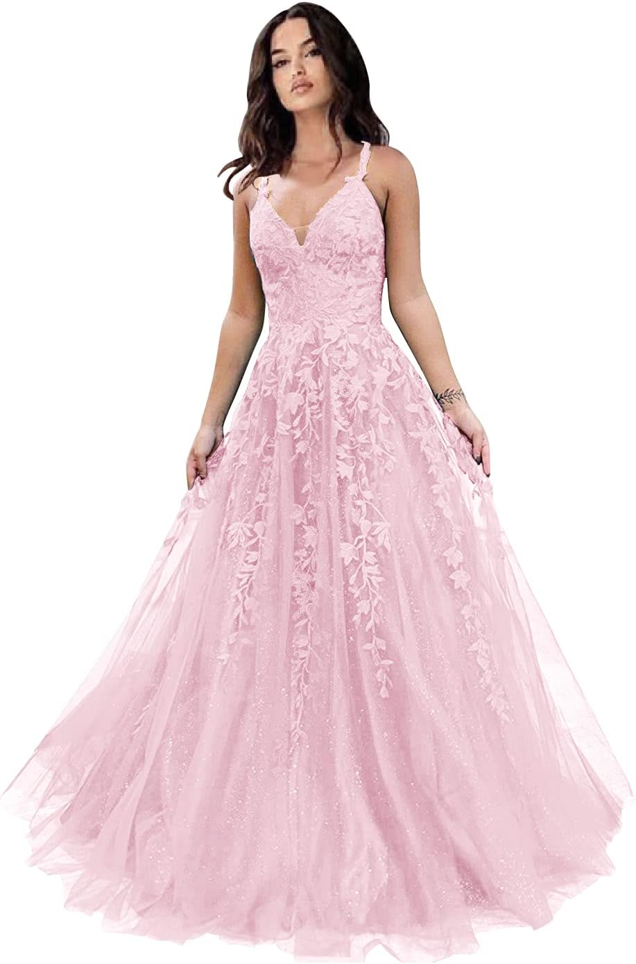 Tulle Prom Dresses for Women 2025 Sparkly Lace Appliques Long Ball Gowns Spaghetti Straps A-Line Evening Gowns