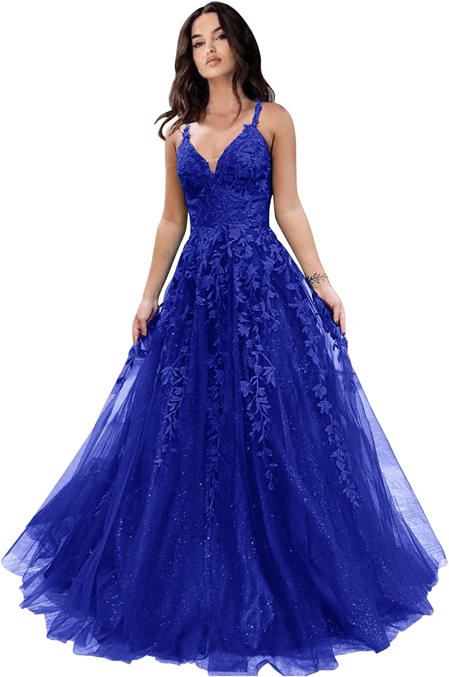 Tulle Prom Dresses for Women 2025 Sparkly Lace Appliques Long Ball Gowns Spaghetti Straps A-Line Evening Gowns