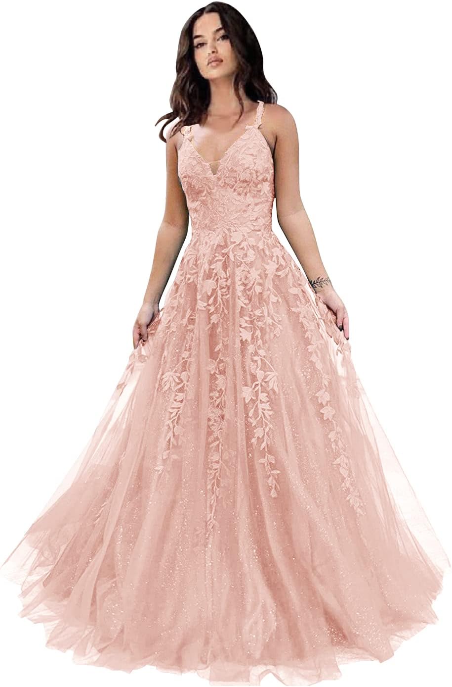 Tulle Prom Dresses for Women 2025 Sparkly Lace Appliques Long Ball Gowns Spaghetti Straps A-Line Evening Gowns