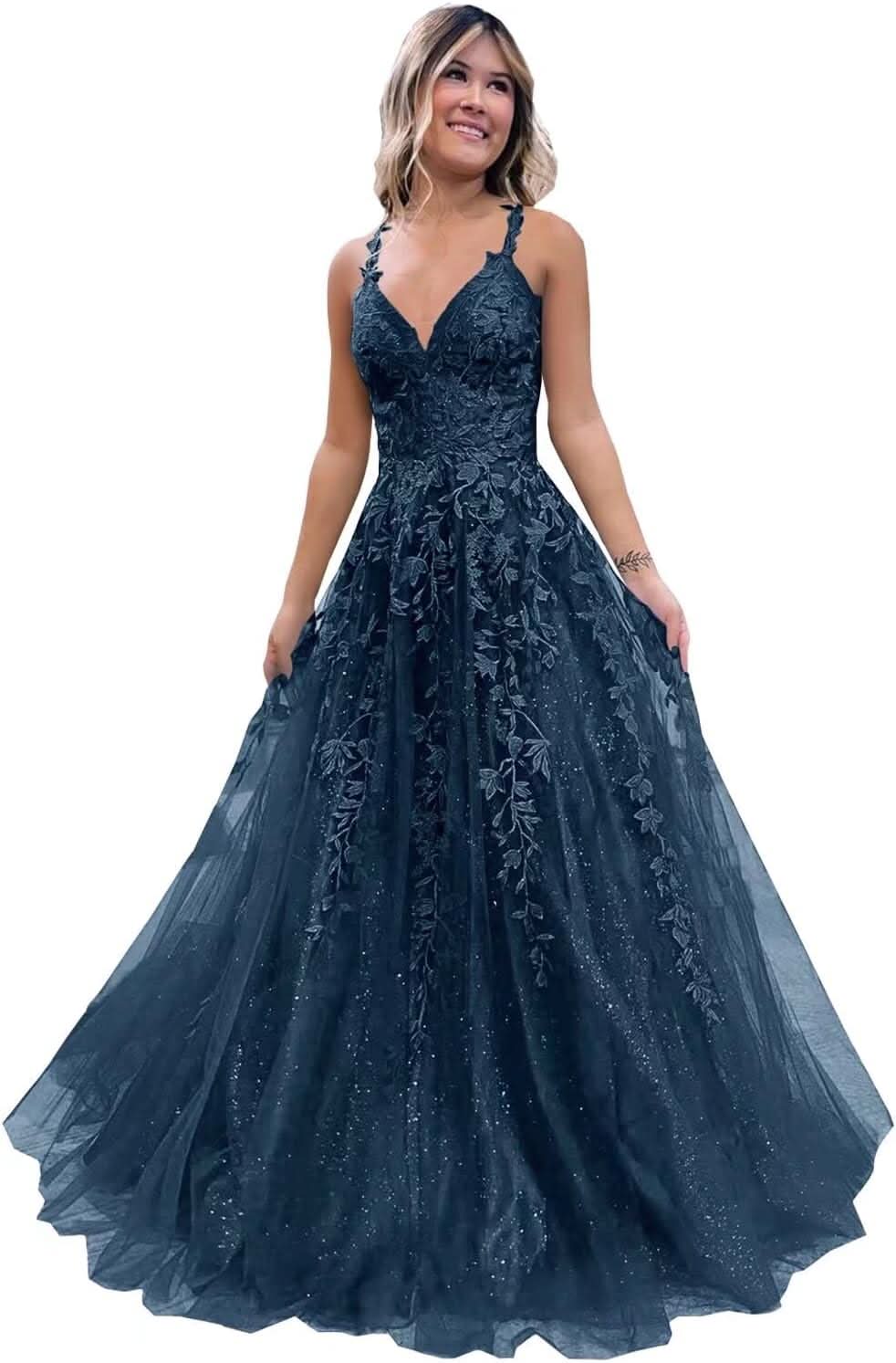 Tulle Lace Appliques Sparkly Prom Dresses A Line with Slit V Neck Formal Party Dress Bmbride
