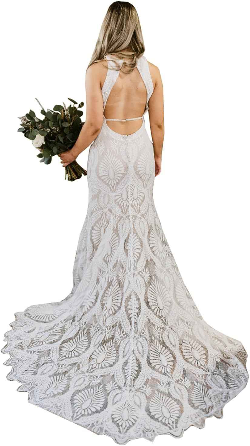 Women's Beach Wedding Dresses for Bride 2022 Vintage Long Sleeves Lace Bohemian Bridal Gown Bmbride
