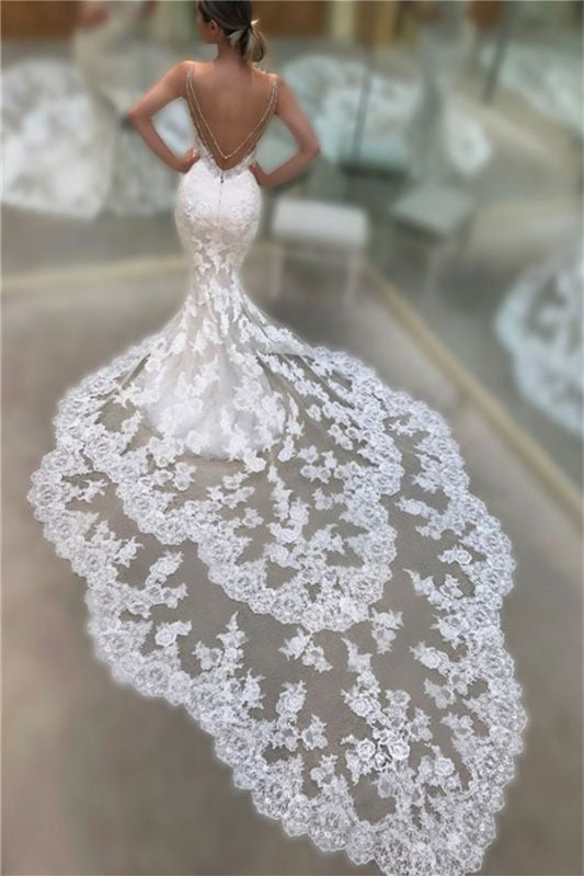 Spaghetti Strap Backless V-Neck Long Mermaid Wedding Dress with Lace BM bride