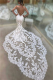 Spaghetti Strap Backless V-Neck Long Mermaid Wedding Dress with Lace BM bride