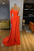 Orange Long Sleeves Sequins Long Pleated Mermaid Prom Dress With Beadings BMBRIDE