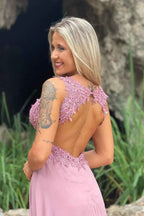 Beautiful Red V Neck Backless Long Prom Dress Applique With Split