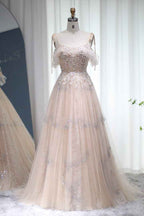 A Line Spaghetti Strap Prom Dress Tulle With Diamond Appliques