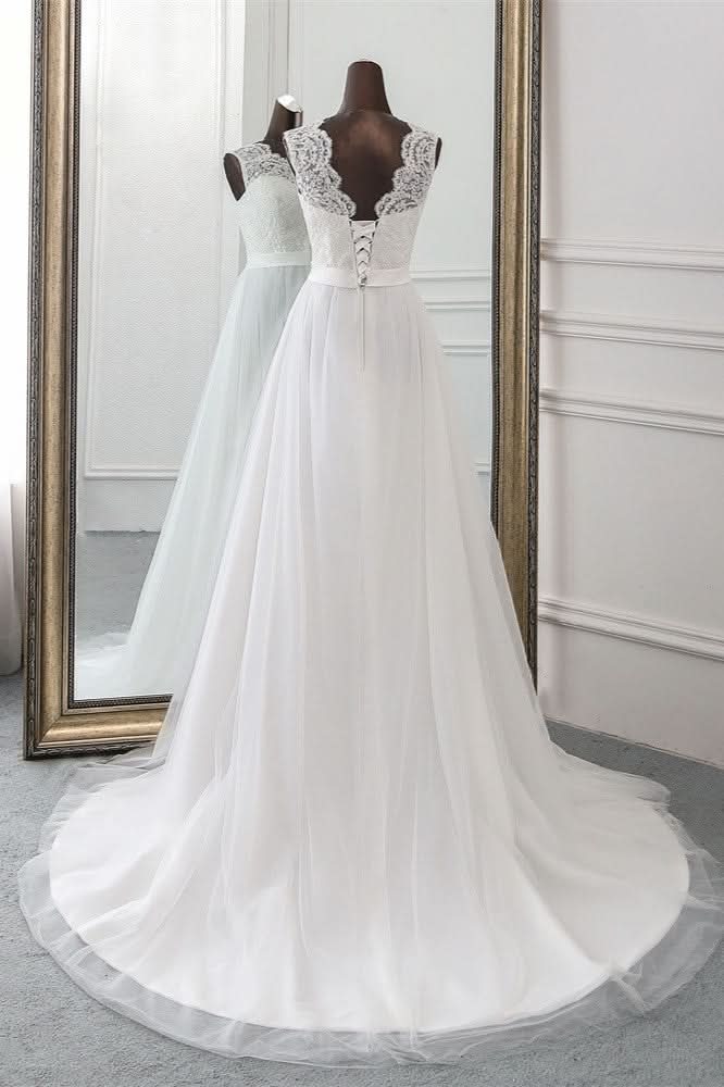 A-Line Jewel Neck Tulle Long Wedding Dress with Lace Appliques BM bride