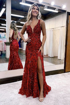 Daring Mermaid V Neck Sequined Lace Prom Dress with Slit BM bride