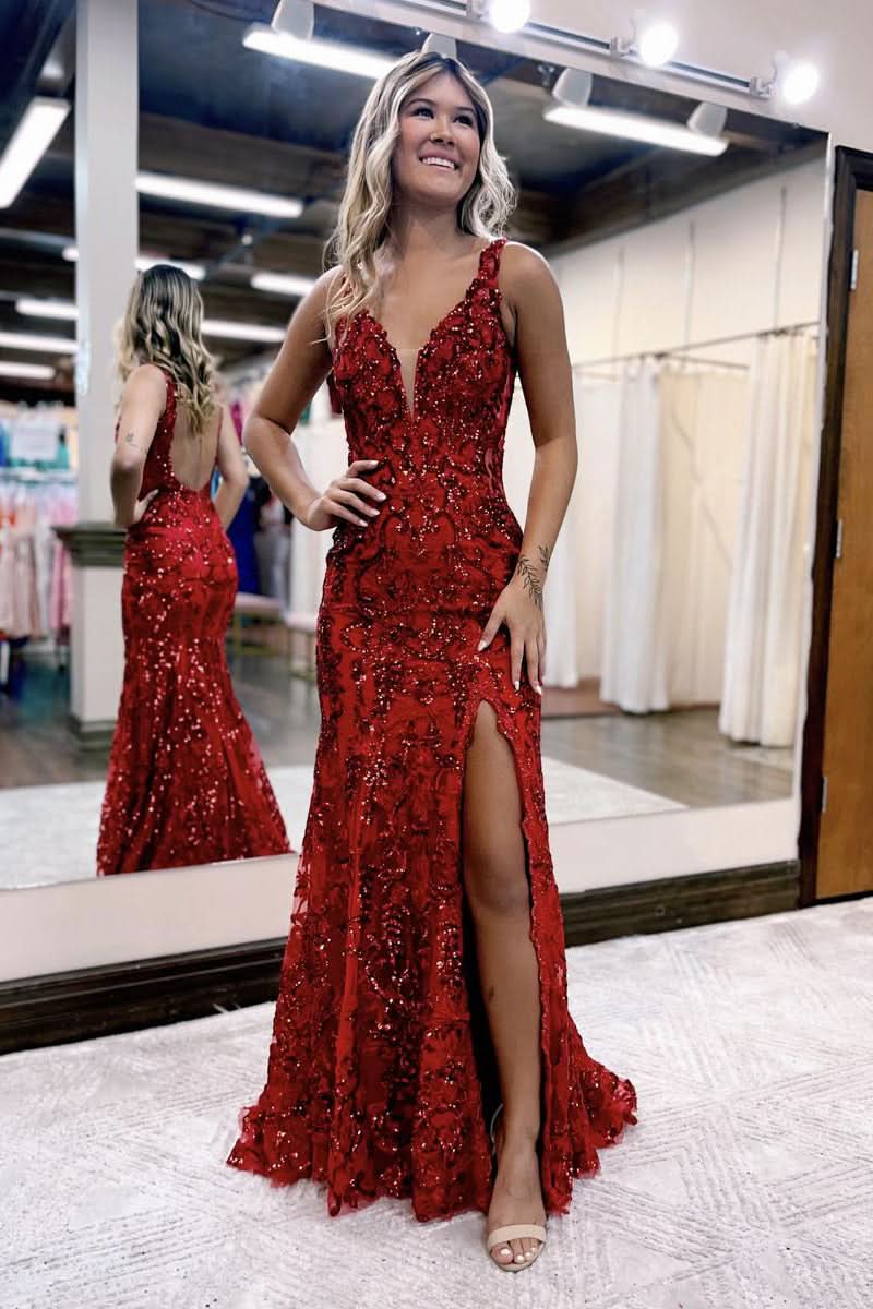 Daring Mermaid V Neck Sequined Lace Prom Dress with Slit BM bride