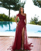 Modern One Shoulder Mermaid Evening Dress with Cap Sleeve, Beadings, Tulle, and Slit BM bride