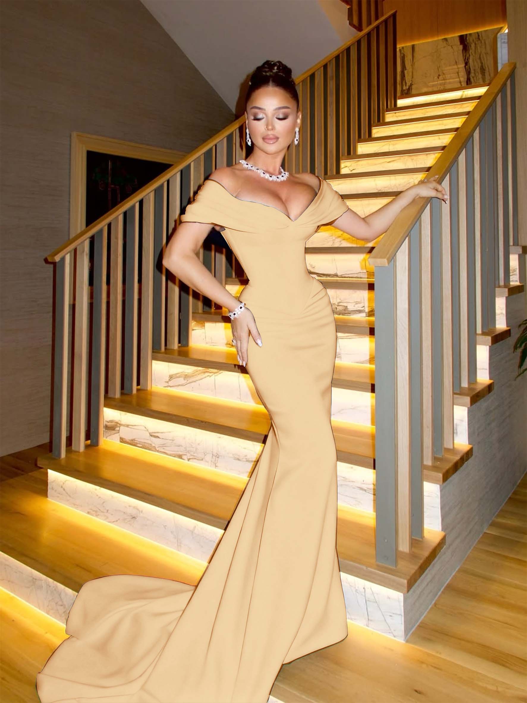 Off The Shoulder Sleeveless Long Mermaid Prom Dress With Pleated BMBRIDE