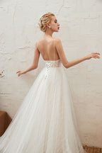 Classy A-Line Deep V-Neck Floor-Length Open Back Wedding Dress with Lace and Tulle BM bride