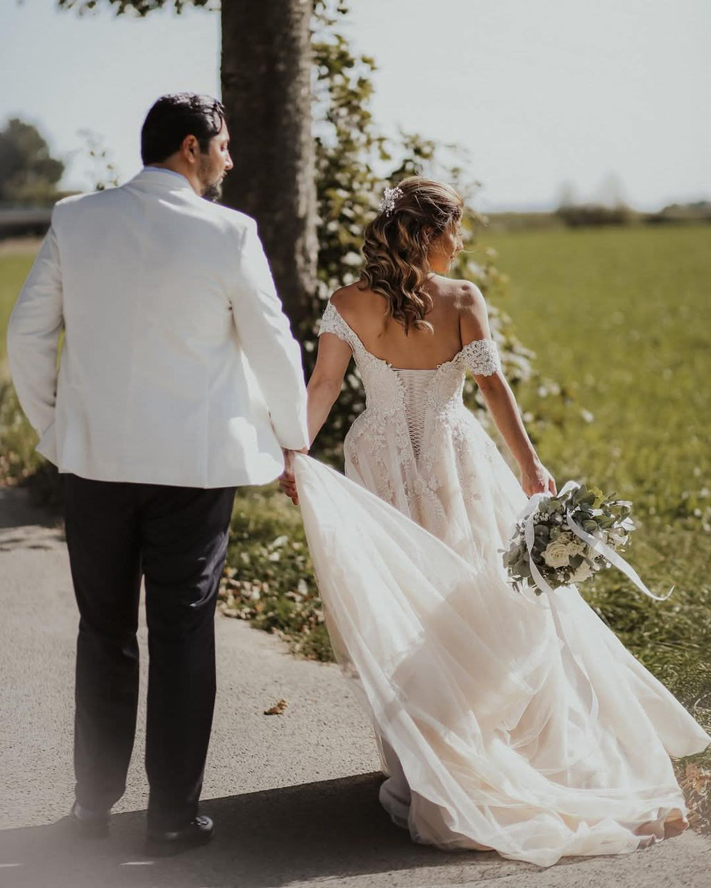 Long A-line Boho Off-the-shoulder Wedding Dress With Lace Tulle BM bride