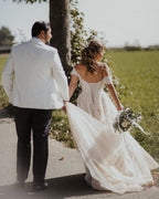 Long A-line Boho Off-the-shoulder Wedding Dress With Lace Tulle BM bride