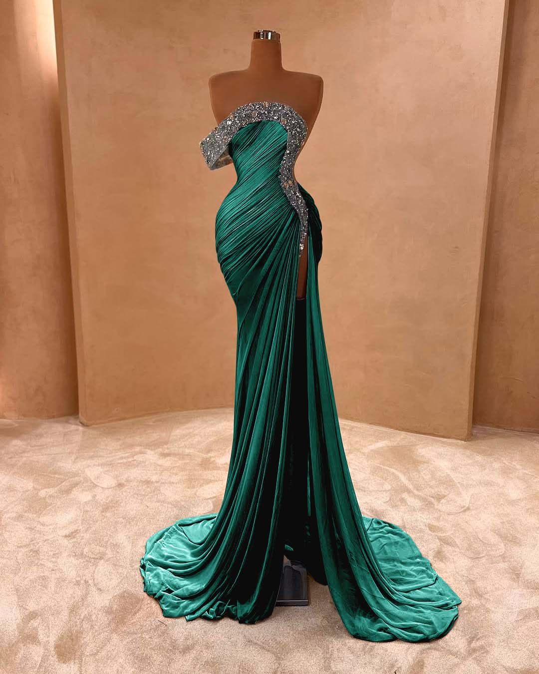 One Shoulder Sleeveless Long Split Prom Dress With Pleated Sequins BMBRIDE
