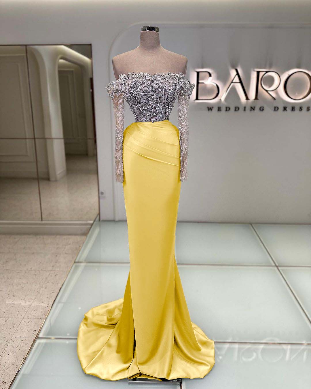 Off the Shoulder Long Sleeves Long Mermaid Prom Dress With Beading BMBRIDE