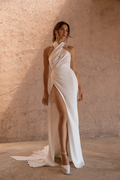 Halter Sleeveless Long Mermaid Prom Dress With High Split Pleated