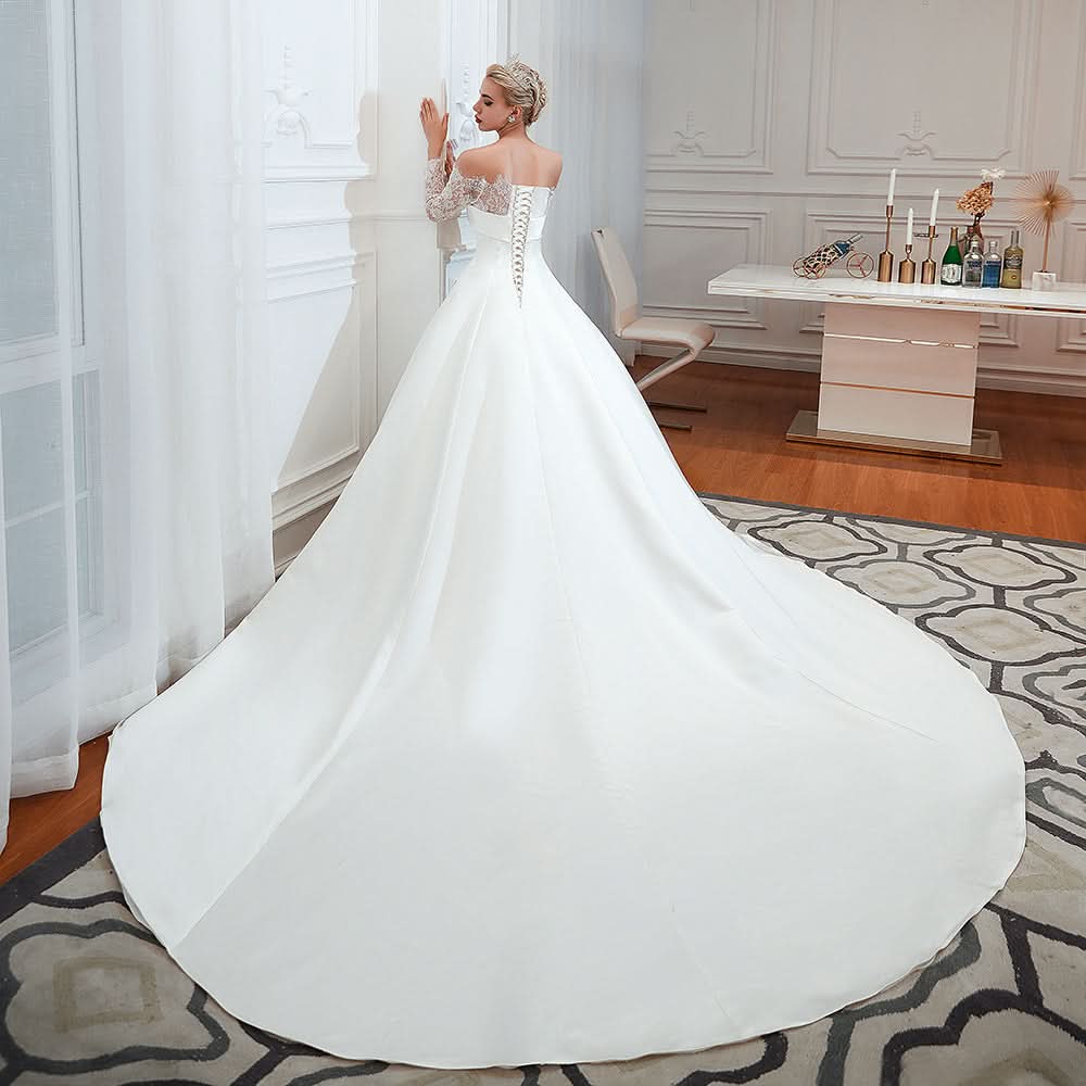 Stunning Off-the-Shoulder Long Sleeve A-Line Satin Wedding Dress with Lace BM bride