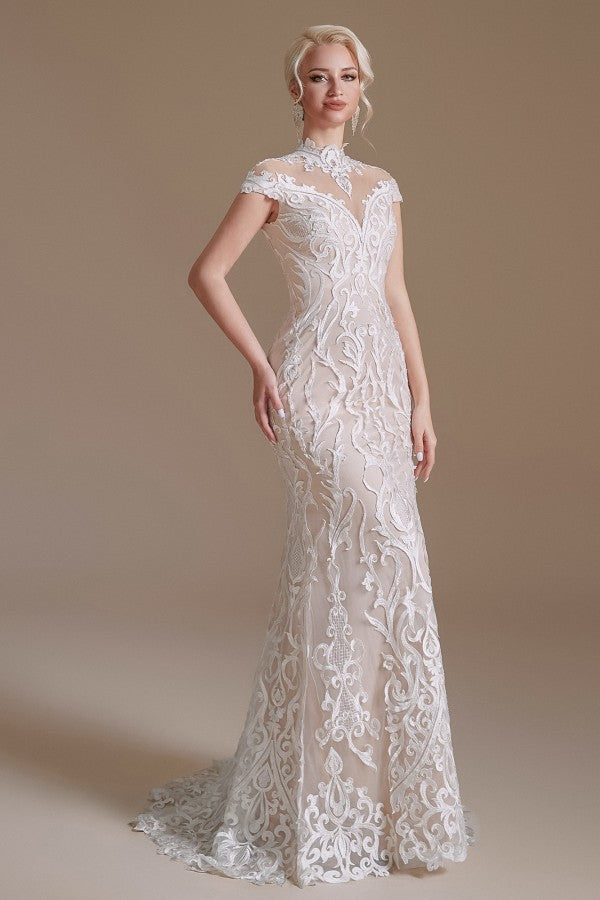 Sleeveless Mermaid Wedding Dress High-neck Lace With Sleeves BM bride