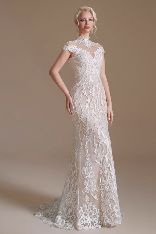 Sleeveless Mermaid Wedding Dress High-neck Lace With Sleeves BM bride