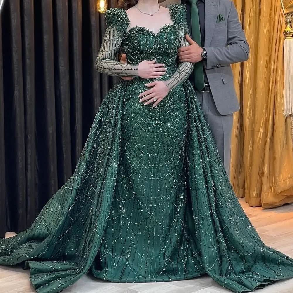 Elegant Green Applique Prom Dress, Long Sleeve Mermaid BM bride