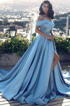Chic Baby Blue Sleeveless Strapless Prom Dress Off the Shoulder With Split