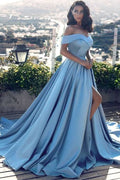Baby Blue Off-the-Shoulder Slit Prom Dress BM bride